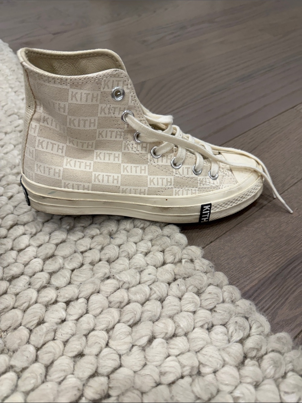 KITH Kids' High-Top Sneakers in Cream Checker Canvas